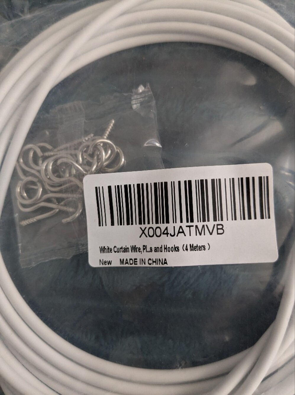 White Curtain Wire with Hooks and Rings - 4 Meter